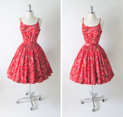 Vintage 50's Surfriders Red Flower Butterfly Hawaiian Tiki Luau Full Skirt Dress XS - Bombshell Bettys Vintage front