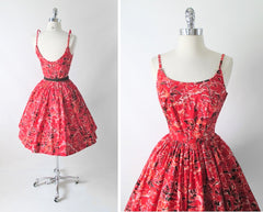 Vintage 50's Surfriders Red Flower Butterfly Hawaiian Tiki Luau Full Skirt Dress XS - Bombshell Bettys Vintage back