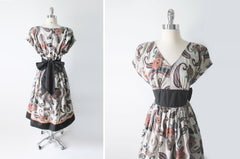 vintage 80s full skirt paisley kimono sleeve bow back tea dress back