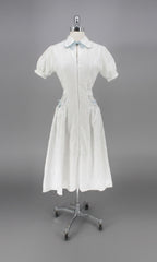 Vintage 50s White & Blue House Dress / Dressing Gown S