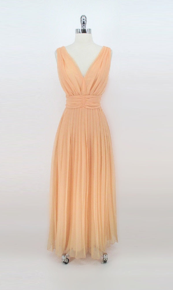 Vintage 60s Peach Organza Maxi Party Dress XS