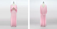 Vintage 70's Pink Cape Sleeves Floral Applique Maxi Gown M