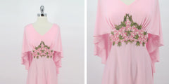 Vintage 70's Pink Cape Sleeves Floral Applique Maxi Gown M