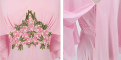 Vintage 70's Pink Cape Sleeves Floral Applique Maxi Gown M