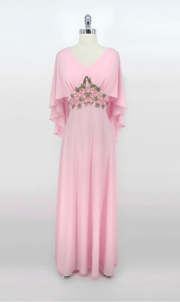 Vintage 70's Pink Cape Sleeves Floral Applique Maxi Gown M