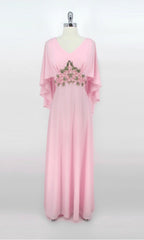 Vintage 70's Pink Cape Sleeves Floral Applique Maxi Gown M
