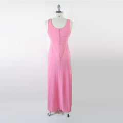 Vintage 70's Barbie Pink Jersey White Roses Maxi Dress S