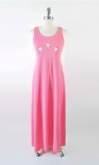 Vintage 70's Barbie Pink Jersey White Roses Maxi Dress S