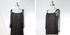 Vintage 70s Black Illusion Lace Evening Maxi Dress Marita by Anthony Muto L
