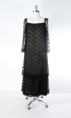 Vintage 70s Black Illusion Lace Evening Maxi Dress Marita by Anthony Muto L
