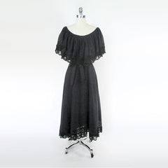 vintage 70s black ruffle lace maxi dress gown Mexico full
