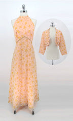 Vintage 70s Roses Halter Maxi Dress Matching Bolero Set L