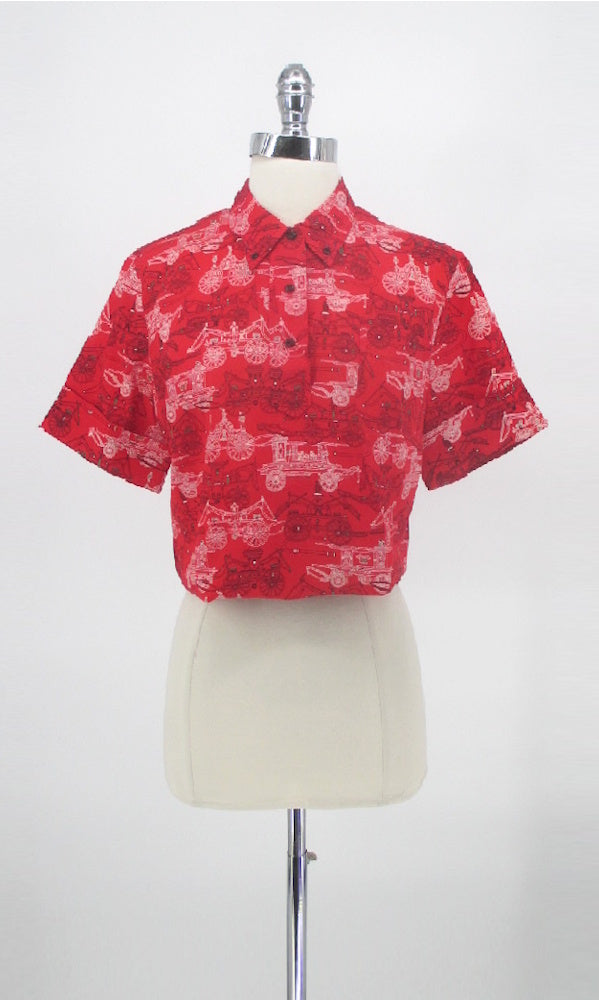 Vintage 60s Red Novelty Print Fire Engine Top Shirt L