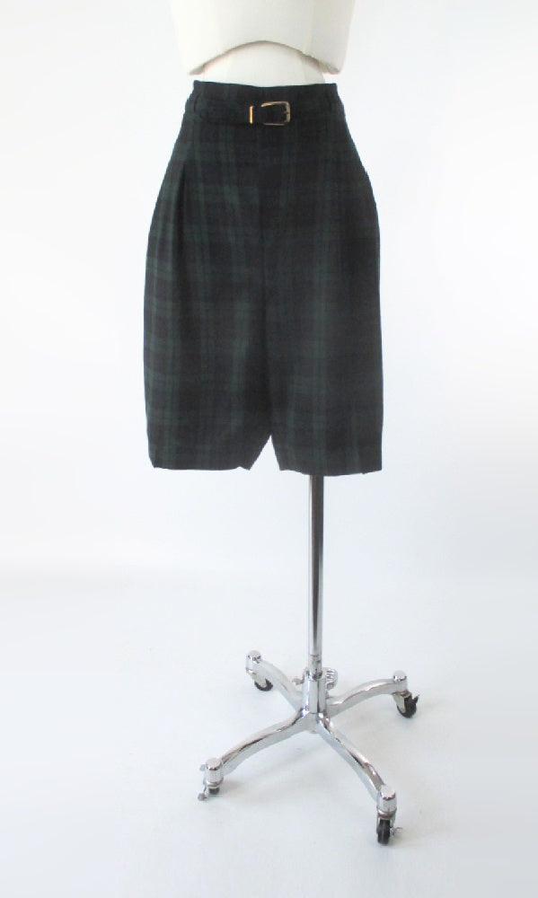 Vintage 50s Green & Blue Plaid Wool Bermuda Shorts + Belt L