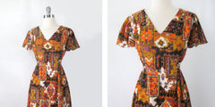 Vintage 70s Flutter Sleeve Psychedelic Maxi Dress M