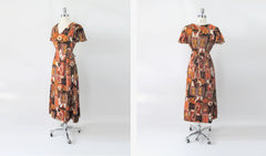 Vintage 70s Flutter Sleeve Psychedelic Maxi Dress M