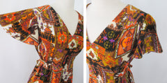 Vintage 70s Flutter Sleeve Psychedelic Maxi Dress M