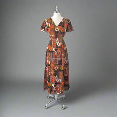 Vintage 70s Flutter Sleeve Psychedelic Maxi Dress M