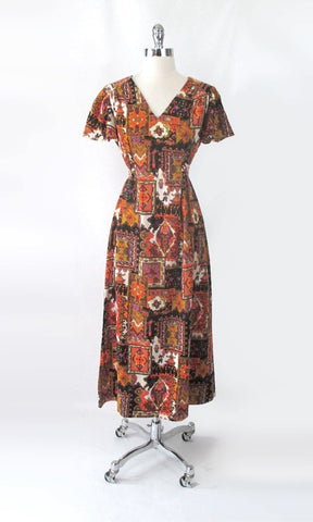 Vintage 70s Flutter Sleeve Psychedelic Maxi Dress M