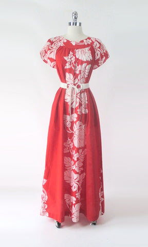 Vintage 80s Hilo Hattie Red Lilo Hawaiian Muumuu Maxi Dress S