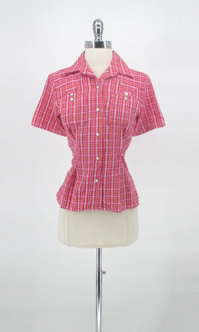 Vintage 50's Original Style Pink Plaid Seersucker Rockmount Western Shirt Blouse Top L