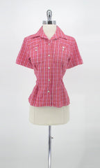 Vintage 50's Original Style Pink Plaid Seersucker Rockmount Western Shirt Blouse Top L