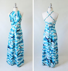 Vintage 70s Seagull Lace Up Back Maxi Hawaiian Dress | Gown XS