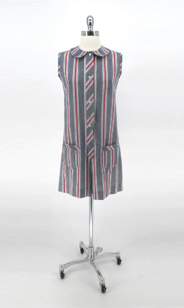 Vintage 60s Red White Stripe Chambray Culotte Romper Shorts S