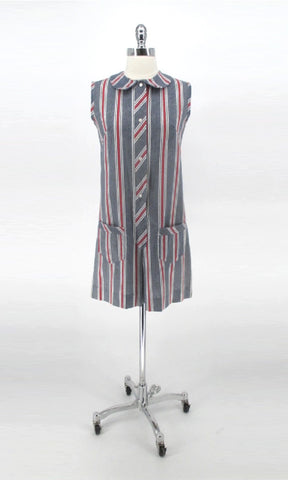 Vintage 60s Red White Stripe Chambray Culotte Romper Shorts S