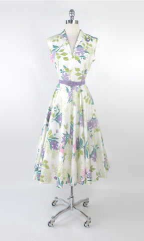 Vintage 40s Lilac & Pink Floral Day Dress M