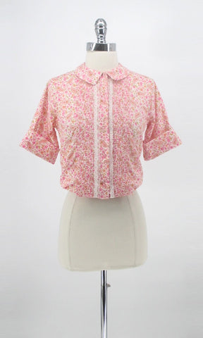 Vintage 60s 50s Pink Paisley Floral Blouse / Top M