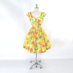vintage 50s 60s full skirt roses yellow special occasion party summer fit flare dress back