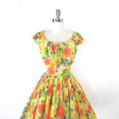 vintage 50s 60s full skirt roses yellow special occasion party summer fit flare dress bodice