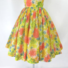 vintage 50s 60s full skirt roses yellow special occasion party summer fit flare dress skirt