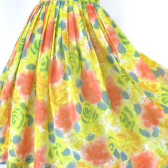 vintage 50s 60s full skirt roses yellow special occasion party summer fit flare dress print