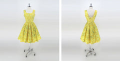 Vintage 50s Sunny Yellow Fit & Flare Hawaiian Dress L Petite