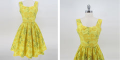 Vintage 50s Sunny Yellow Fit & Flare Hawaiian Dress L Petite