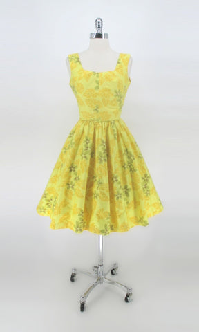 Vintage 50s Sunny Yellow Fit & Flare Hawaiian Dress L Petite