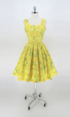 Vintage 50s Sunny Yellow Fit & Flare Hawaiian Dress L Petite