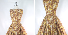 Vintage 50's Golden Leaves Kamehameha Hawaiian Dress M