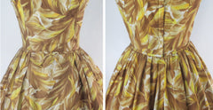 Vintage 50's Golden Leaves Kamehameha Hawaiian Dress M