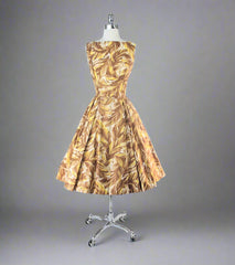 Vintage 50's Golden Leaves Kamehameha Hawaiian Dress M