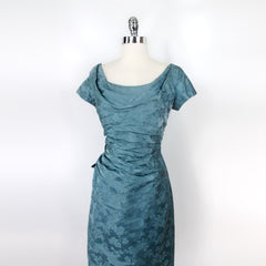 Vintage 50s Draped Floral Jacquard Rear Sash Party Dress S