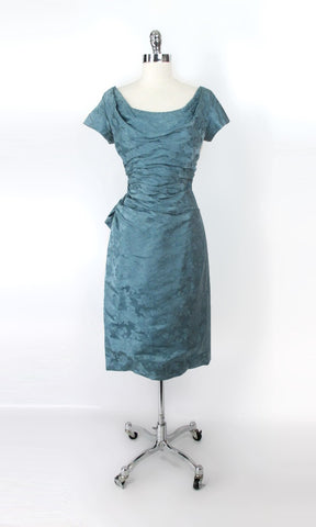 Vintage 50s Draped Floral Jacquard Rear Sash Party Dress S