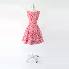 Vintage 50s Pink Poppy Floral Fit & Flare Day Party Dress S