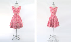 Vintage 50s Pink Poppy Floral Fit & Flare Day Party Dress S