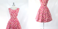 Vintage 50s Pink Poppy Floral Fit & Flare Day Party Dress S