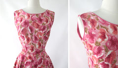 Vintage 50s Pink Poppy Floral Fit & Flare Day Party Dress S