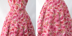 Vintage 50s Pink Poppy Floral Fit & Flare Day Party Dress S