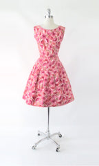 Vintage 50s Pink Poppy Floral Fit & Flare Day Party Dress S